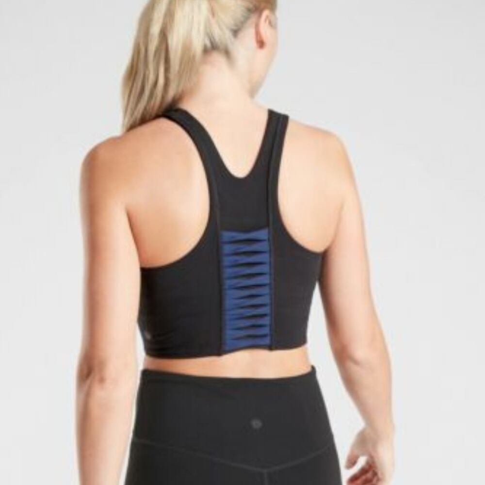 Athleta Consious Twist Longline Sports Bra Tank Top XS Black Blue‎ Racerback